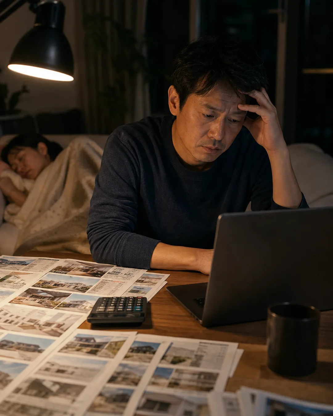 夜のリビングでノートPCとマイソクの束と電卓を前に疲れて頭を抱える40代男性