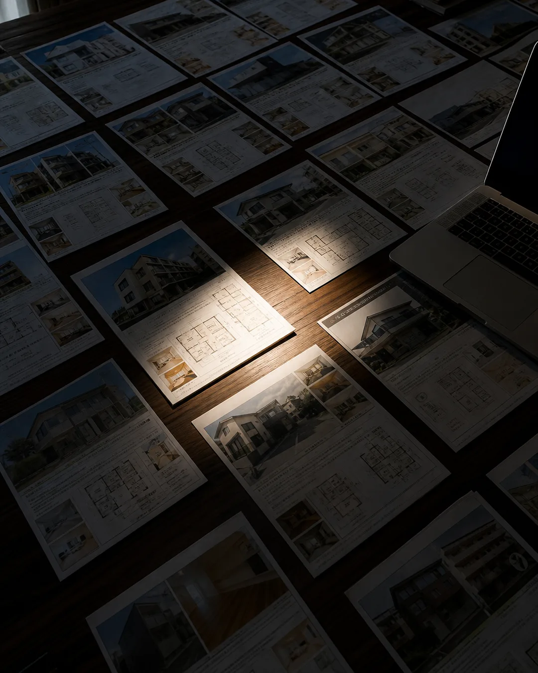 夜の机の上に広げられた大量のマイソクPDF、1枚だけライトが当たっている