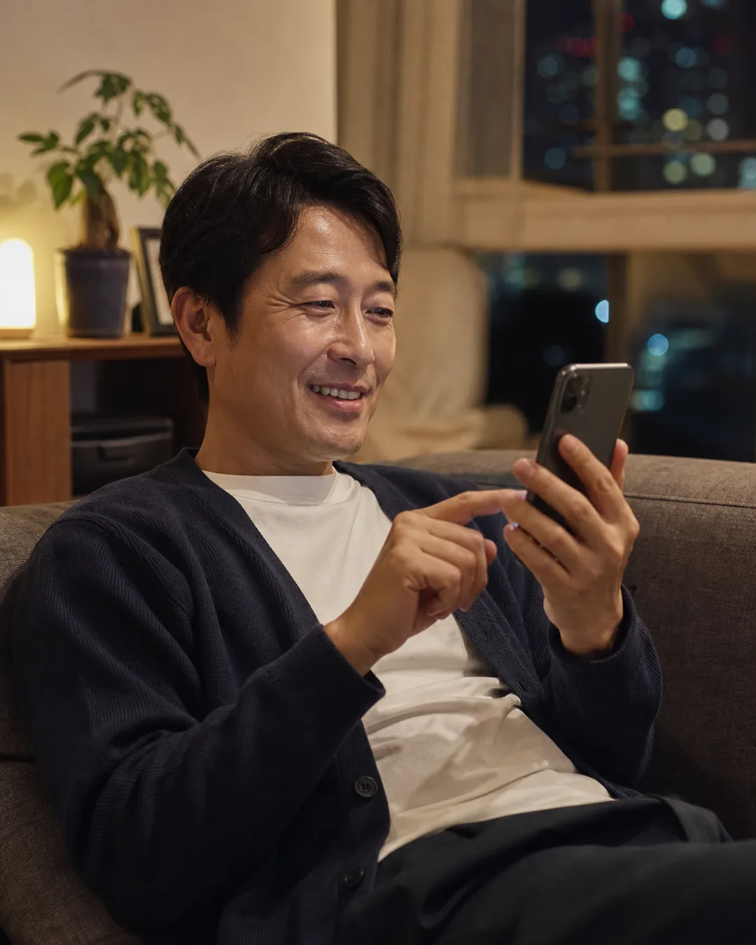スマートフォンで賃貸BOXの物件比較画面を見て笑顔の40代男性